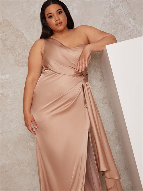 Plus Size One Shoulder Satin Finish Maxi Dress In Champagne Chi Chi London
