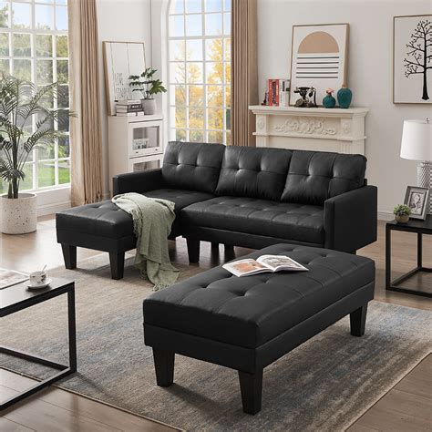Kepooman Modern Reversible Sectional Sofa With Chaise Faux Leather L