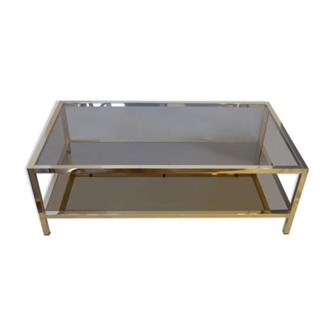 Table basse en métal doré à deux plateaux verre et miroir années 70 | Selency