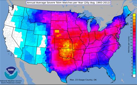 Us Annual Severe Thunderstorm Watches Per Year 20yr Average 1993