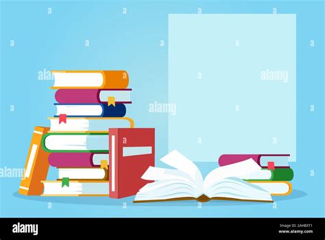 Vector Of An Open Book And Pile Of Books On Blue Background Stock