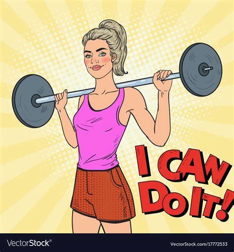 Pop Art Strong Woman In Gym With Barbell Vector Image