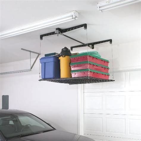 Some use pulleys, ropes, cables. Pulley System Storage Rack For Garage | Diy garage storage ...