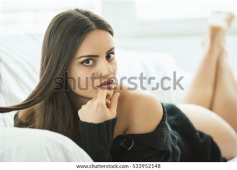 Beautiful Halfnaked Girl Posing On Bed Stock Photo Edit
