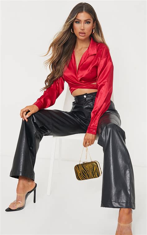 Red Satin Tie Waist Cropped Shirt Tops Prettylittlething