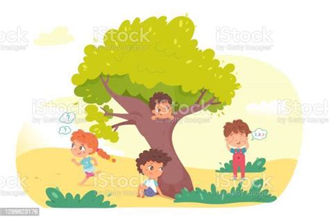 Kleine Kinder Spielen Verstecken Und Suchen Im Park Spielen Spiel Mit