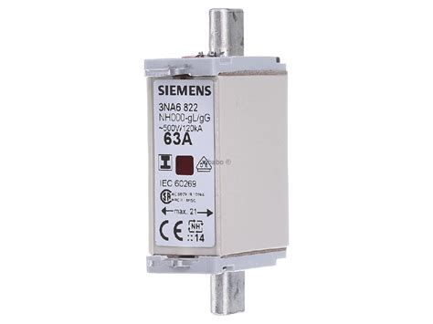 Siemens 3na6822 Nh Fuse Link G000 63a 500ac250dc Low Voltage Hrc