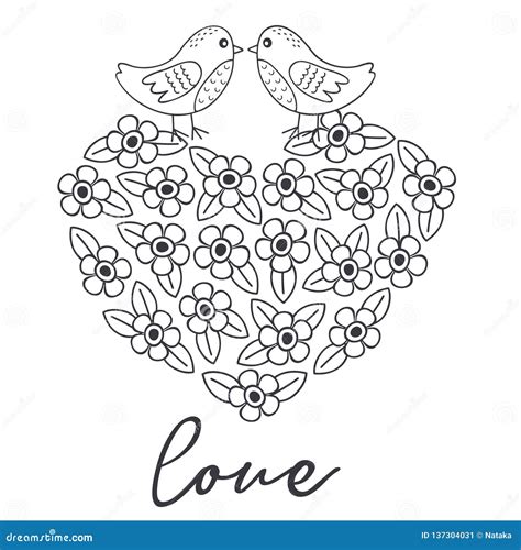 Coloring With Birds On Heart Of The Flowers Stock Vector Illustration