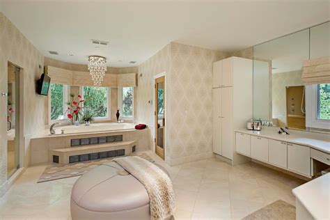 Neutral Master Bath With Flat Panel Cabinets Chandelier
