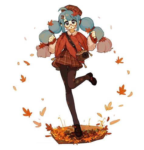 Safebooru 1girl O Ahoge Autumn Autumn Leaves Beret Black Footwear Blue Eyes Blue Hair Bow