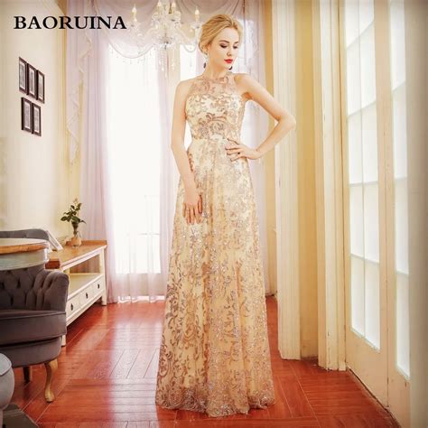 Luxury Gold Long Sequin Evening Dress Champagne Halter Cheap Evening