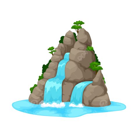 Cartoon Waterfall Or Water Cascade Falling From Mountain Rocks With