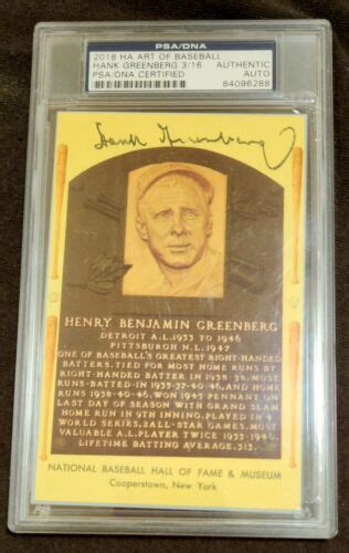 Hank Greenberg Autograph Ha Art Of Baseball Hall Of Fame Plaque Limited