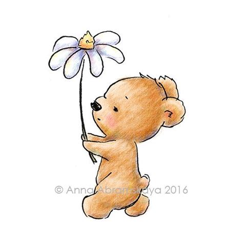 A marker drawing of a moon bear and a dagger. The drawing of cute teddy bear walking with a huge daisy ...