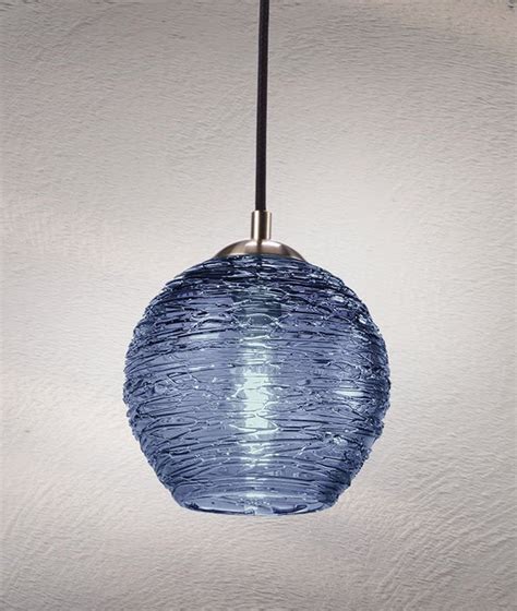glass pendant light in steel blue hand blown hanging kitchen etsy glass pendant light