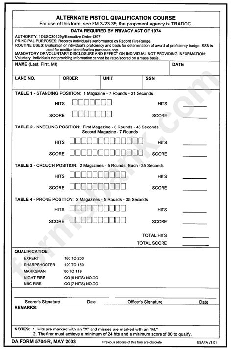 Da Form 5704 R Alternate Pistol Qualification Course Printable Pdf