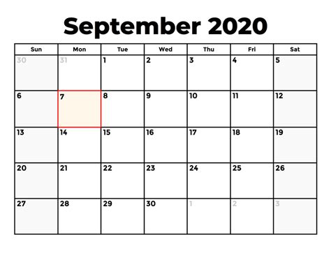 September 2020 Monthly Calendar Themes Template Printable Blank