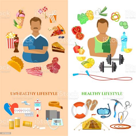 Healthy Lifestyle And Unhealthy Lifestyle Banner Fat Man Stock Vector