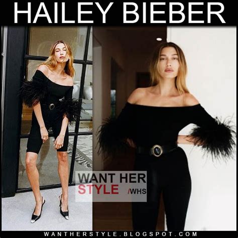 Hailey Bieber In Black Off Shoulder Top With Feathers From Saint Laurent ~ I Want Her Style