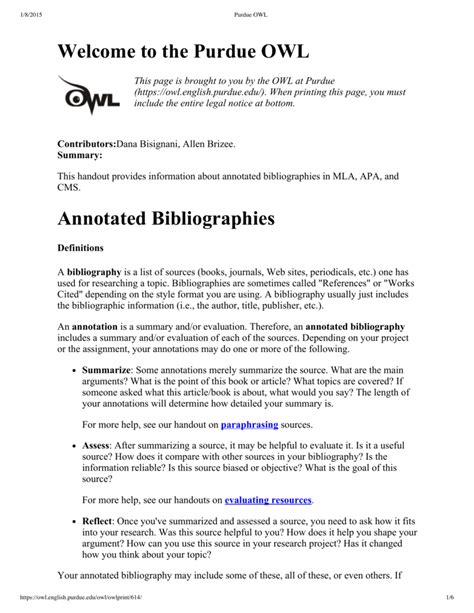 Pages after the title page should have a running head that looks like this Welcome to the Purdue OWL Annotated Bibliographies