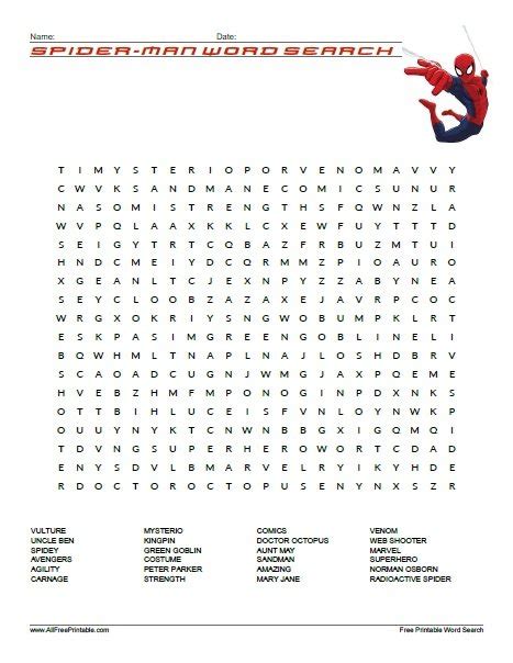 Spider Man Word Search Free Printable