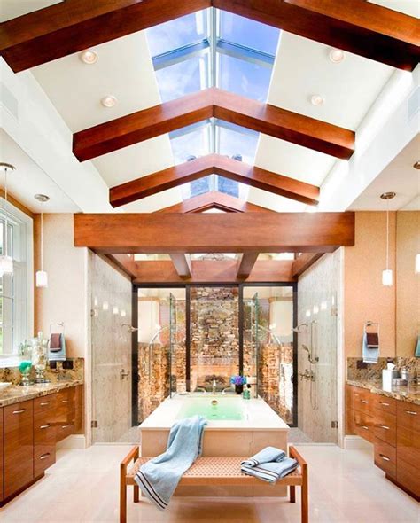 Beautiful Modern Bathroom With Vaulted Ceilings Glossy Wood Beams And