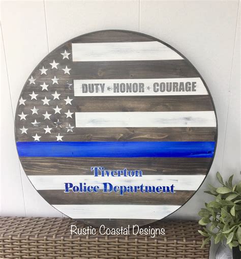 Police Thin Blue Line American Flag Round Wooden Sign Seapaint Wooden