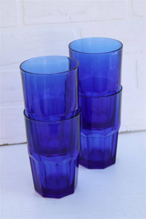 Libbey Crisa Cobalt Blue Glass Drinking Glasses Large Bistro Style Tumblers Boston Pattern