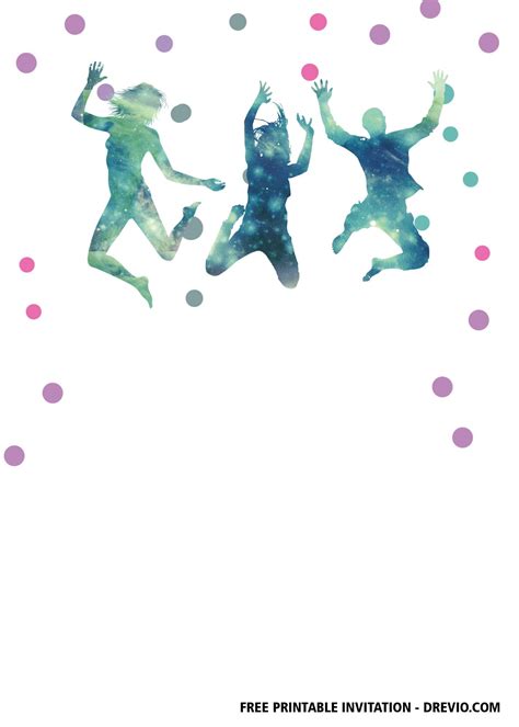 three people jumping up into the air with their hands in the air and dots around them