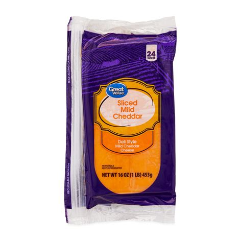 Great Value Deli Style Sliced Mild Cheddar Cheese 16 Oz 24 Count