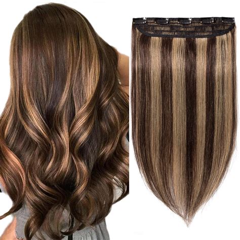 S Noilite Clip In Human Hair Extensions Balayage One Piece Soft Straight 34 Full Head Hair