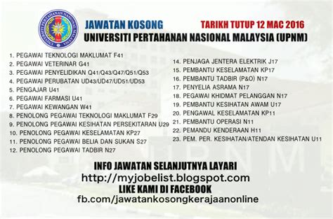 Info kekosongan ini adalah seperti yang diiklankan. Jawatan Kosong Universiti Pertahanan Nasional Malaysia ...