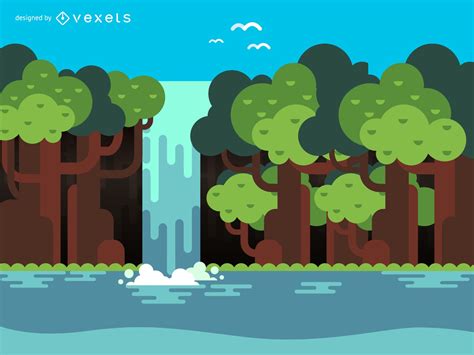 Flat Waterfall And Trees Illustration Vector Download