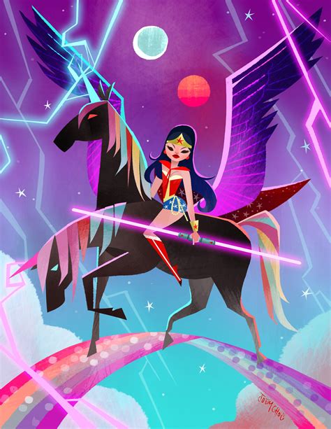 Wonder Woman Riding A 2 Headed Black Rainbow Pega Unicorn While Holding