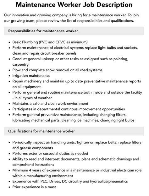 Maintenance Worker Job Description Velvet Jobs