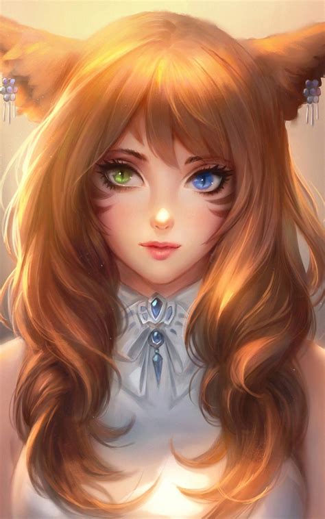 Fox Girl Heterochromia Animal Ears Face Portrait Woman Fantasy Art