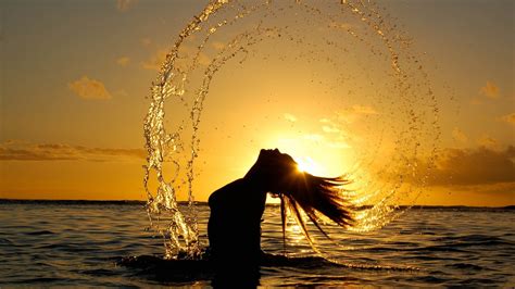 Photography Splashes Sunset Sea Water Drops Women Outdoors Wet