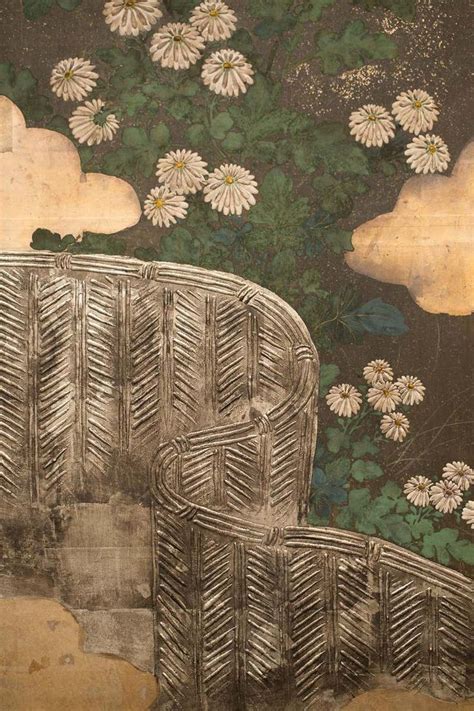 Japanese Six Panel Screen Rimpa School Chrysanthemums On Silver And