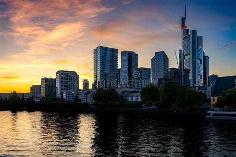 Skyline Of Frankfurt At The Main River During Sunset Stock Image