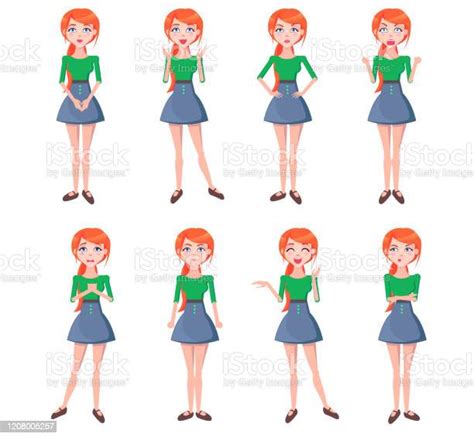 Set Of Emotions Of Redhaired Girl Fulllength Stock Illustration