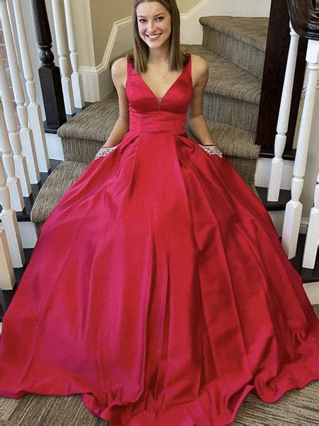 A Line V Neck Red Satin Long Prom Dresses With Pocket V Neck Red Form Shiny Party