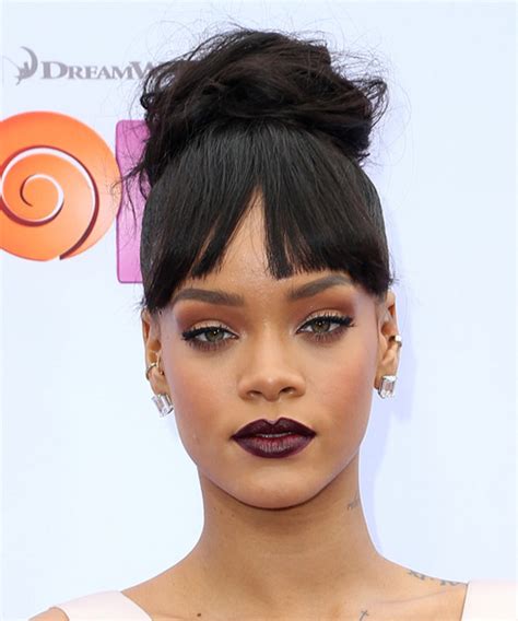 Rihanna Straight Dark Mocha Brunette Updo With Blunt Cut Bangs