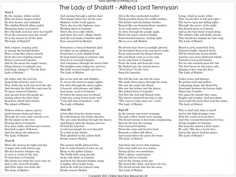 The Lady Of Shalott Poem 1 Page Worksheet English Year 5