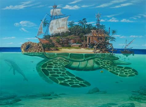 A Painting Of A Turtle Swimming In The Ocean With A Pirate Ship On Its