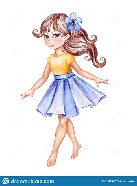 Watercolor Illustration Cute Little Girl In Blue Skirt