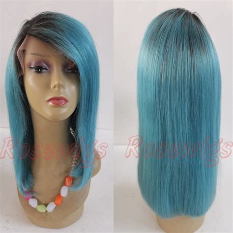 Ombre Blue Green Human Hair Wigs Brazilian Glueless Omber Lace Front