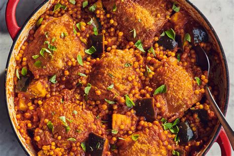 One Skillet Chicken Thighs With Eggplant And Pearl Couscous Recipe