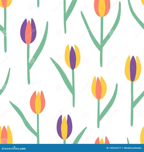 Tulips Seamless Vector Pattern Doodle Flowers Stock Vector