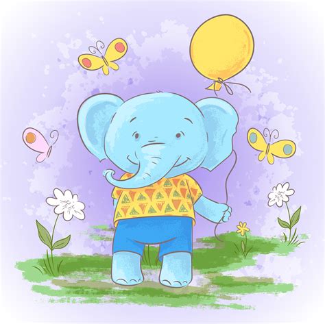 Illustration Postcard Cute Cartoon Baby Elephant With A Balloon Print
