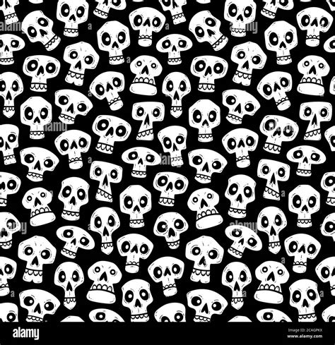 Skulls Seamless Pattern Cute Hand Drawn Halloween Skulls In Cartoon